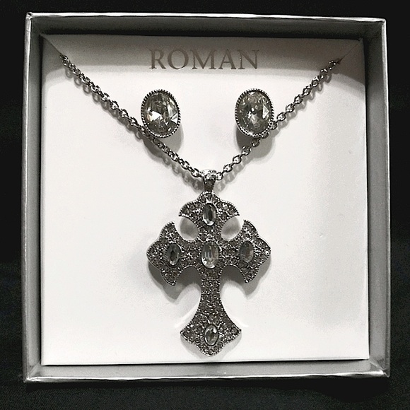 ✝️ NWOT Silver cross necklace with scrolling design and earring set. - Picture 3 of 6